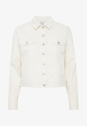 Weißes Jeansjacke mit kragenförmigem Hals, vorderem Knopfverschluss, zwei Brusttaschen und langen Ärmeln. Mit silberner Hardware und Kontrastnähten.