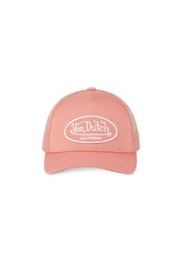 Gorra de camionero rosa con lados de malla, logotipo ovalado blanco con "Von Dutch California" bordado en la parte frontal, visera curvada y correa ajustable.