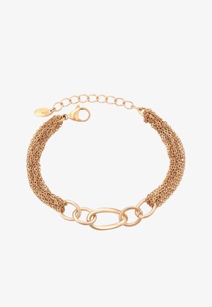 Arany lánc karkötő, több finom szállal és három nagyobb ovális kapoccsal, húzókapoccsal és állítható lánccal, kis címkével.