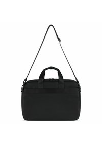 Sac en synthétique noir avec poignées supérieures doubles et une bandoulière amovible. Présente une texture lisse et un léger détail de couture.