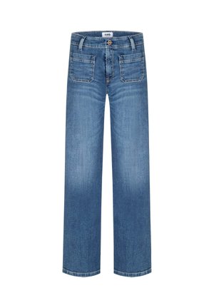 Jeans in denim blu con design a gamba larga. Presentano una chiusura con bottoni, cinque tasche e una finitura leggermente sbiadita per aggiungere texture.