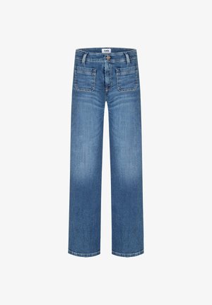 Blaue Jeans aus Denim mit weitem Bein. Verfügt über einen Knopfverschluss, fünf Taschen und ein leicht verblasstes Finish für Textur.