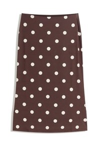 Jupe brune à pois blancs, design droit, longueur genoux, fabriquée en tissu lisse avec une taille élastique.