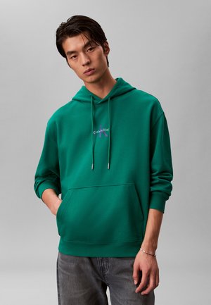 Junger Mann trägt einen grünen Calvin Klein Hoodie und graue Jeans, steht mit einer Hand in der Tasche vor einem grauen Hintergrund.