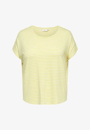 Yellow striped t-shirt with short sleeves, round neck, and soft fabric texture. The stripes are white and evenly spaced.