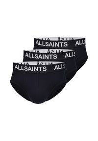 Black cotton men's briefs with a white elastic waistband featuring "ALLSAINTS" branding. Pack of three; classic fit and design.