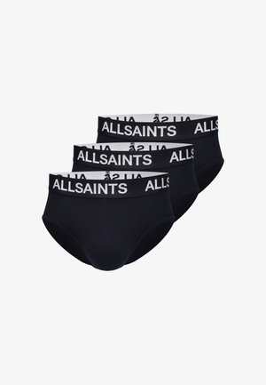 Slip pour homme en coton noir avec une ceinture élastique blanche arborant la marque "ALLSAINTS". Pack de trois ; coupe et design classiques.