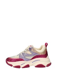 Sparkling multicolor sneaker with a mesh upper, featuring pink, purple, and cream accents, textured overlays, and a chunky white sole.