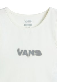 Valkoinen hihaton toppi, jossa on harmaa "VANS" -logo keskellä, valmistettu sileästä kankaasta pyöreällä kaula-aukolla. Koko "Pieni" -merkintä mukana.