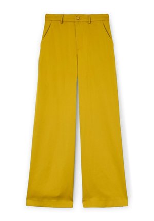 Pantaloni gialli a gamba larga con una texture liscia, dotati di chiusura con bottone, due tasche frontali e orlo dritto.