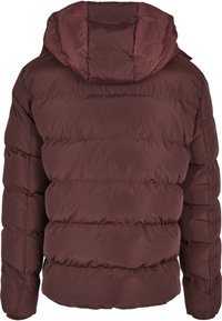 Chaqueta de plumas burdeos con capucha, que presenta un diseño acolchado y una textura suave y brillante. La vista trasera muestra puños elásticos y una silueta ajustada.