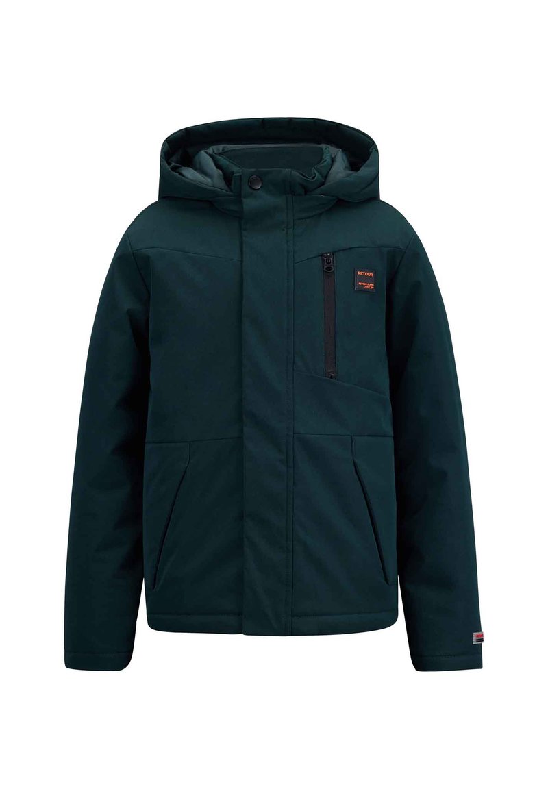 Donkergroene jas met een capuchon; heeft een met rits afsluitbare borstzak en twee zijzakken; glad, waterafstotend materiaal en normale pasvorm.