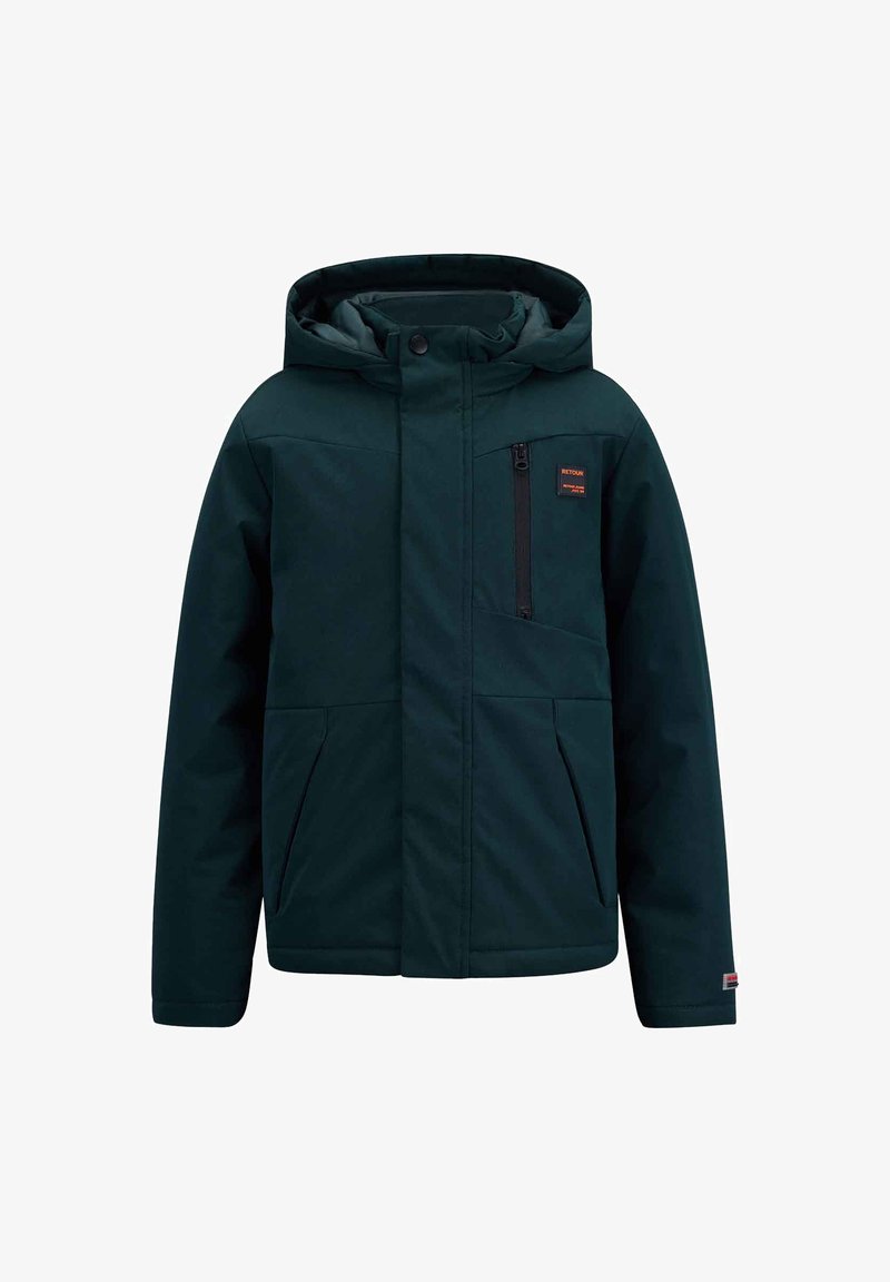 Donkergroene jas met een capuchon; heeft een met rits afsluitbare borstzak en twee zijzakken; glad, waterafstotend materiaal en normale pasvorm.