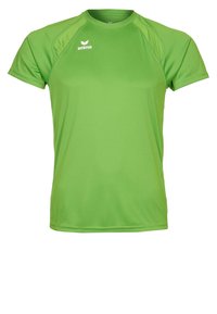 T-shirt de sport vert à manches courtes avec des panneaux en maille sur les épaules et un logo "erima" blanc sur le côté supérieur gauche de la poitrine.
