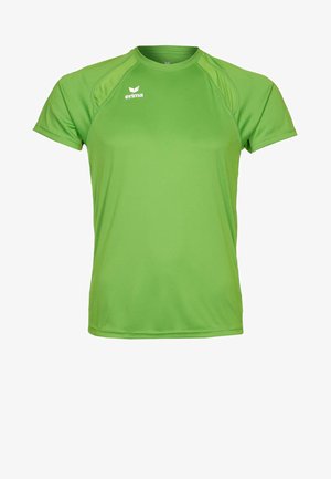 Groene sportshirt met korte mouwen en meshpanelen op de schouders, met een wit "erima" logo op de linkerbovenborst.