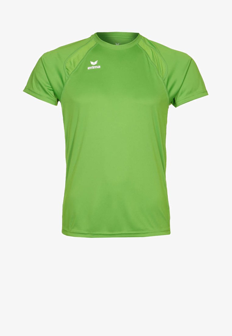 T-shirt de sport vert à manches courtes avec des panneaux en maille sur les épaules et un logo "erima" blanc sur le côté supérieur gauche de la poitrine.