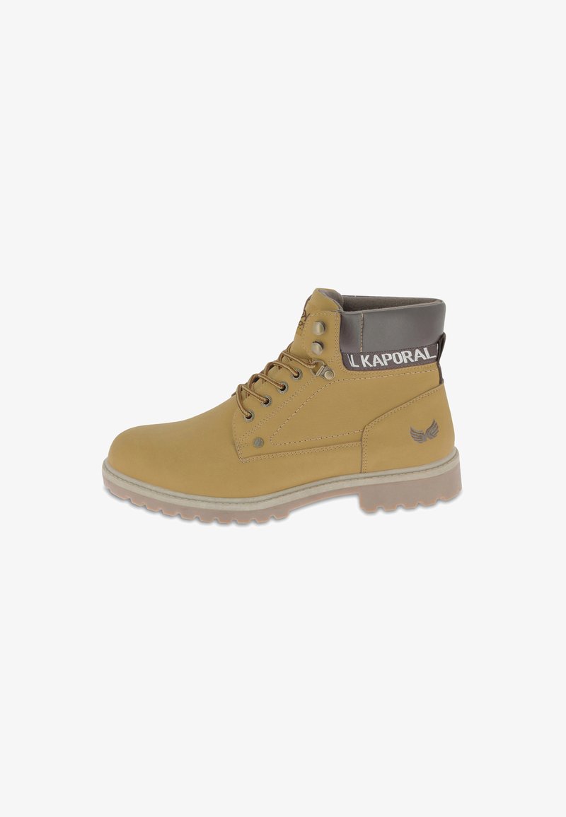 Tan leather ankle boot with a round toe, grey padded collar, metal eyelets, and textured rubber sole. Features logo on back.