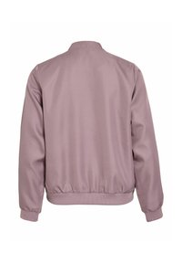 Giacca bomber lilla chiaro con una texture liscia, vita e polsini a costine e design senza colletto. Presenta un retro semplice e senza decorazioni.