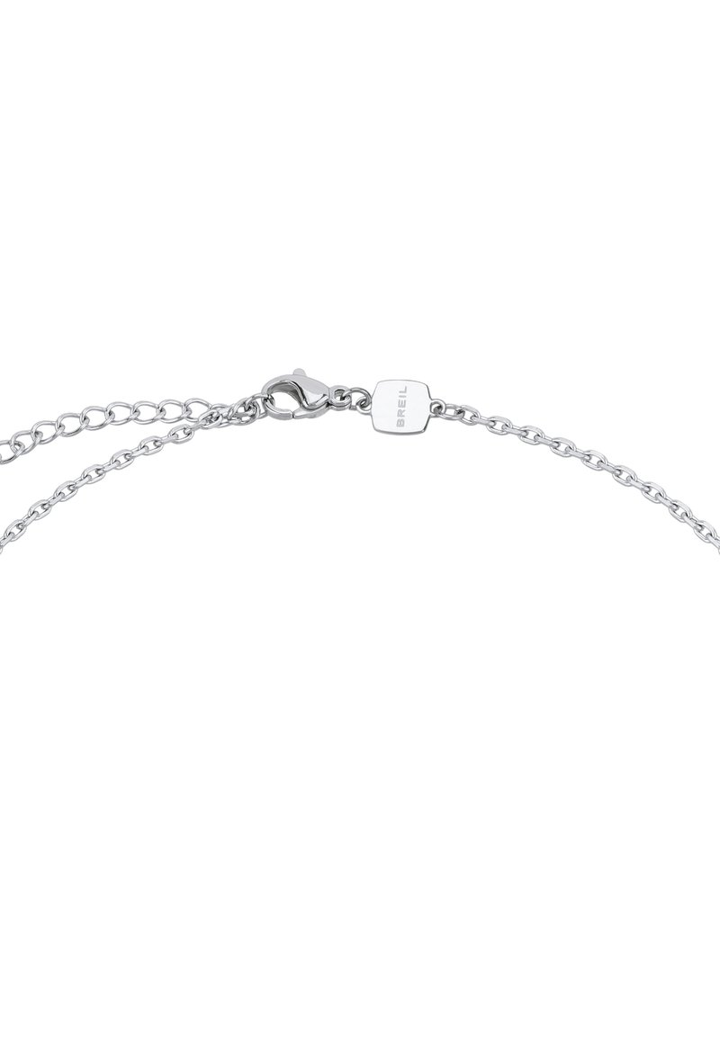 Bracciale in argento sterling con chiusura a scatto, caratterizzato da un piccolo cartellino rettangolare inciso con "BREIL". Il design è elegante con una finitura lucida.
