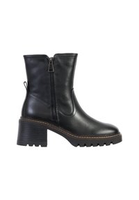 Zwarte leren enkellaars met een zijrits, blokhak, geprofileerde zool en stikselaccenten. Heeft een gladde afwerking en een ronde neus.