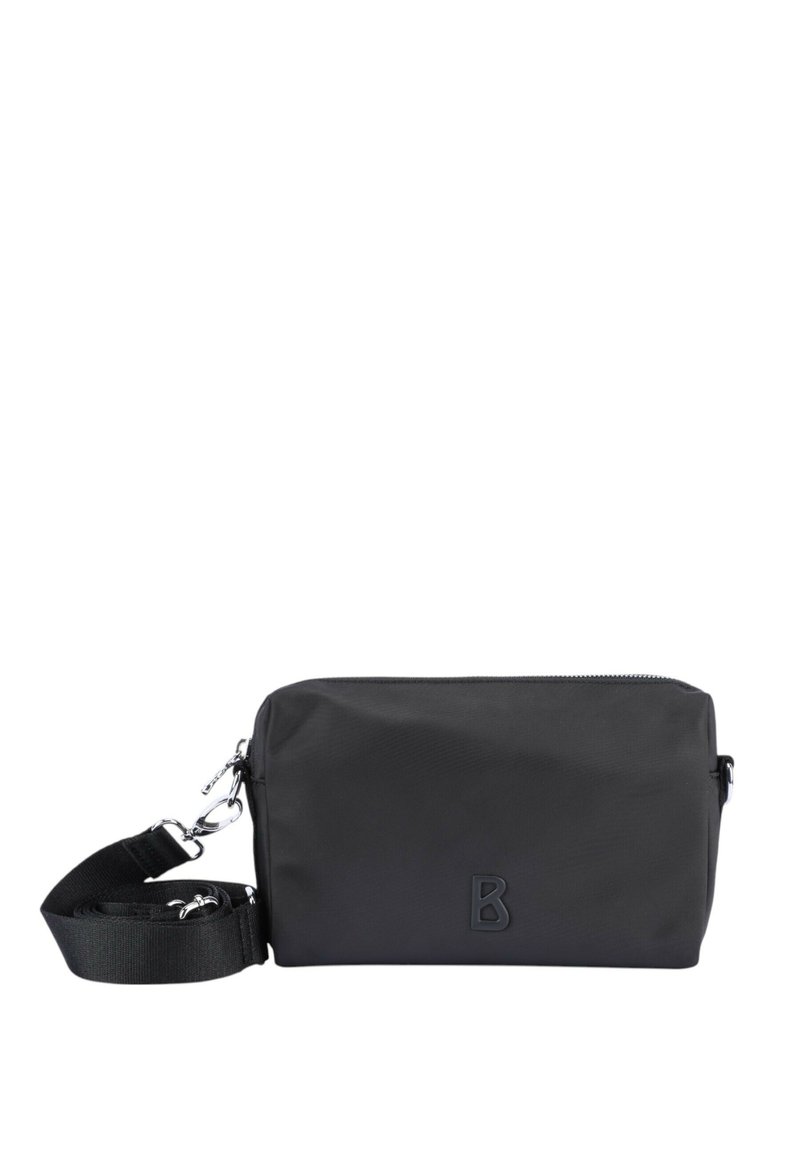 Schwarze Umhängetasche aus glattem Material, mit einem Reißverschluss, verstellbarem Tragegurt und einem dezenten, geprägten "B"-Logo auf der Vorderseite.