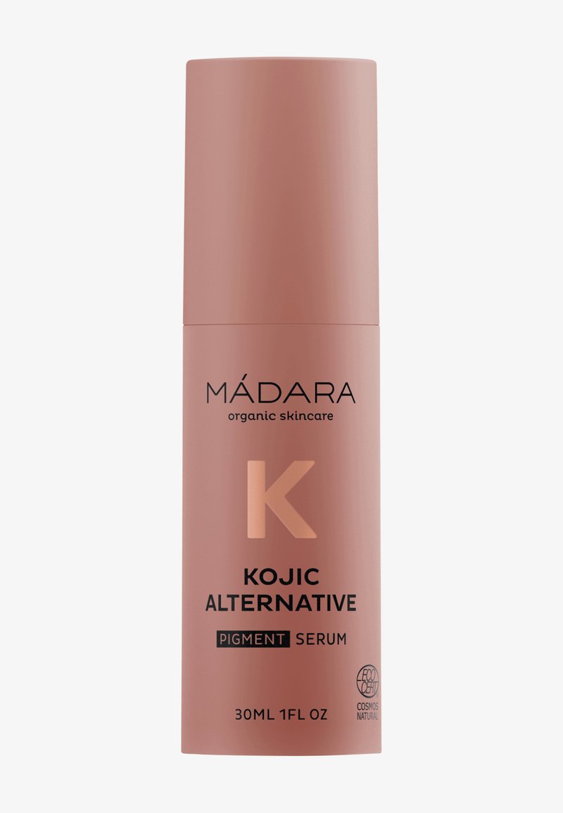 Siero pigmento alternativo Kojic in un flacone cilindrico rosa con testo nero e finitura opaca, capacità di 30 ml, certificazione Cosmos Natural.