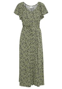 Blommig maxiklänning i svart med grönt och vitt blommönster, V-ringning, korta fladderärmar, insydd midja och flödande tyg.