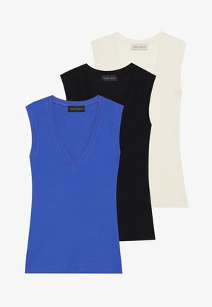 Ensemble de trois tops sans manches en bleu, noir et crème. Présente un design à col en V et une texture côtelée. Les étiquettes affichent "ANNA FIELD".