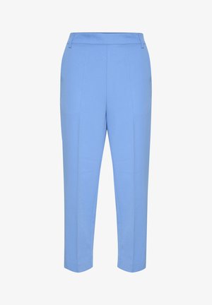 Pantalons ajustés bleu clair avec une texture lisse, design à jambes droites et deux poches latérales. Caractérisés par un devant plat et des coutures nettes.