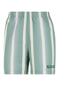 Mintgrønne badetights med hvite vertikale striper. Har elastisk midjebånd og brodert 'KANI'-logo i mørkegrønn. Glatt tekstur.