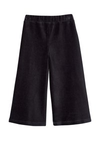 Schwarze Cordhosen in Culotte-Optik mit weitem Bein, ausgestattet mit einem dehnbaren Bund und subtiler gerippter Textur.