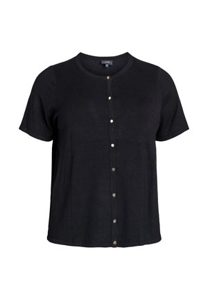 Črni kratkoročni kardigan iz mehke tkanine z okroglim izrezom in gumbi spredaj z zlatimi poudarki.