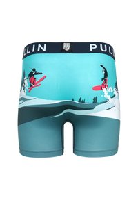 Shorts de bain pour hommes de couleur turquoise avec un graphique d'un skieur contre un fond de montagne. Taille élastique avec marquage "PULLIN".