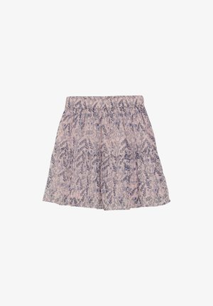 Blomsterpræget nederdel i lyserødt stof, med en samlet elastisk talje og et udvidet, lagdelt design med subtil tekstur.