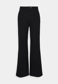 Pantalon évasé noir en tissu lisse, avec fermeture à bouton et poches. Le design présente une taille haute et une silhouette épurée.