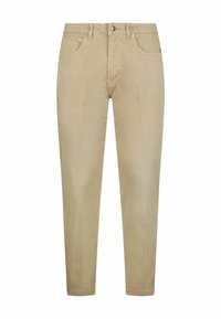 Pantalones beige de tela mezclada con algodón. Presentan una cintura estándar, bolsillos frontales y un cierre con cremallera y botón de metal.