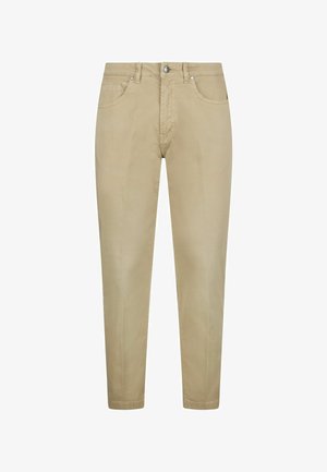 Beige bikses, kas izgatavotas no kokvilnas maisījuma auduma. Tām ir standarta josta, priekšējās kabatas un rāvējslēdzēja atvēršana ar metāla pogas aizdari.