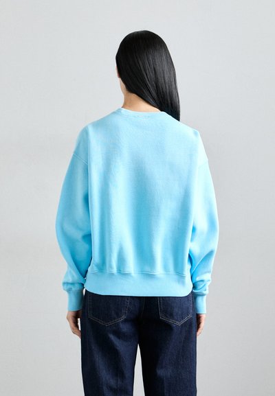 Felpa blu chiaro con colletto a girocollo, spalle scese e polsini a costine. Indossata con jeans blu scuro, vista da dietro.