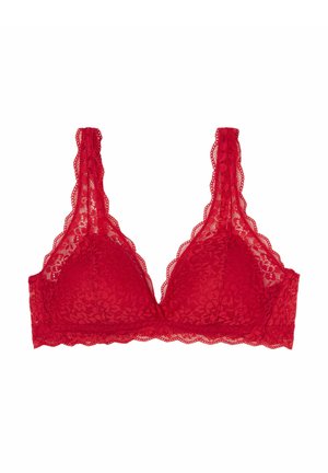 Rode kant bralette met ingewikkelde bloempatronen, geschulpte randen en brede bandjes. Zachte textuur zonder beugel voor comfort.