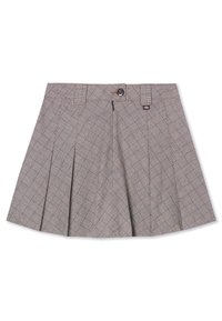Jupe plissée taille haute avec motif à carreaux noir et blanc, bouton et fermeture éclair devant, passants pour ceinture et petite étiquette avec logo de la marque.