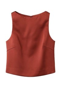 Top sans manches rouge avec un col rond, des poches latérales et une fermeture à bouton au dos. Tissu lisse avec une finition mate.