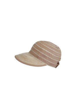 Brown fabric cap with a wide, curved brim and vertical cream stripes. Features a buckle strap at the back for adjustable fit.