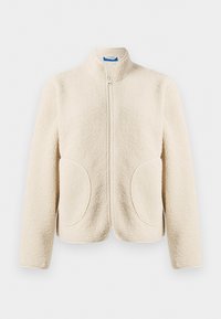 Κρέμα χρώματος φλις μπουφάν με μπροστινό φερμουάρ, δύο στρογγυλές μπροστινές τσέπες και κοντό όρθιο γιακά.