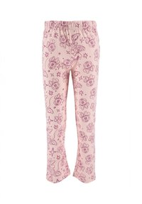 Pink pajama pants with an elastic waistband feature repeated purple cartoon character patterns and star accents throughout.