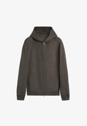 Felpa grigia con zip realizzata in morbido misto lana, caratterizzata da una vestibilità confortevole, cappuccio ampio e tasche laterali, con polsini e orlo a coste.