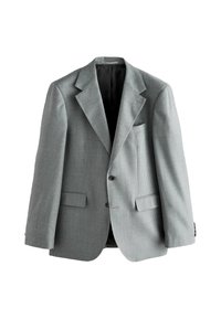 Gray houndstooth-patterned blazer with notched lapels, two front pockets, and two buttons. Fabric texture is smooth with a structured shape.