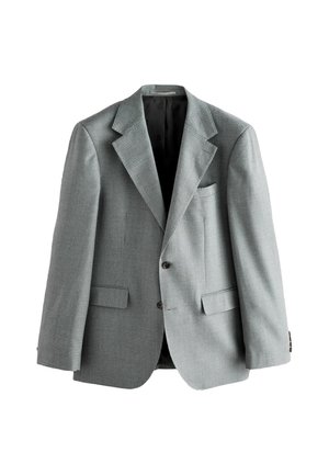 Graue Hahnentrittmuster-Blazer mit geschlitzten Revers, zwei vorderen Taschen und zwei Knöpfen. Der Stoff hat eine glatte Textur und eine strukturierte Form.