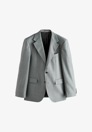 Graue Hahnentrittmuster-Blazer mit geschlitzten Revers, zwei vorderen Taschen und zwei Knöpfen. Der Stoff hat eine glatte Textur und eine strukturierte Form.