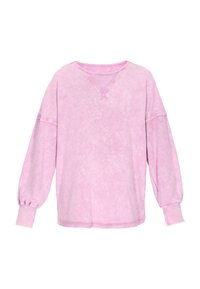 Felpa rosa a maniche lunghe con vestibilità rilassata, tessuto testurizzato, collo a coste e maniche leggermente a sbuffo. Presenta un design a scollo a V.