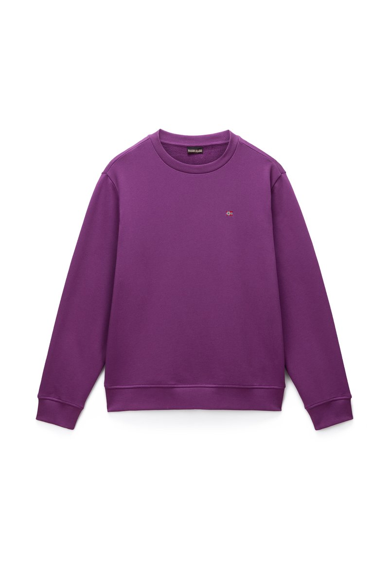 Lila Sweatshirt aus weichem Stoff mit klassischem Rundhalsausschnitt, gerippten Bündchen und Saum. Verfügt über ein kleines Logodetail auf der Brust.